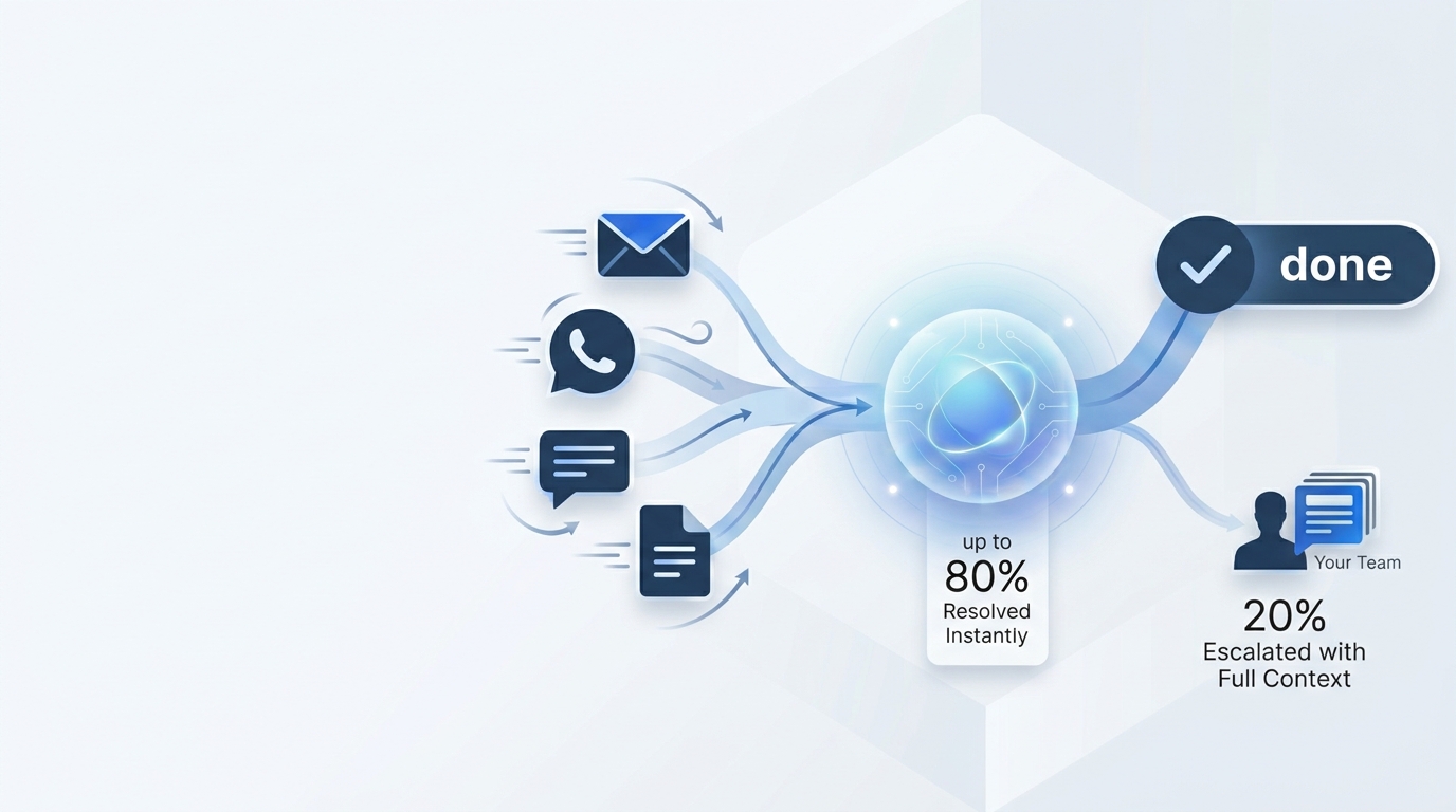 Channels flow into the AI Super Agent: up to 80% auto-resolved, 20% escalated to your team with full context